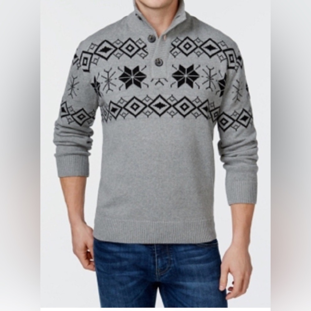Weatherproof Vintage Snowflake Button-Up Mock Neck Pullover, Gray, Size M‎